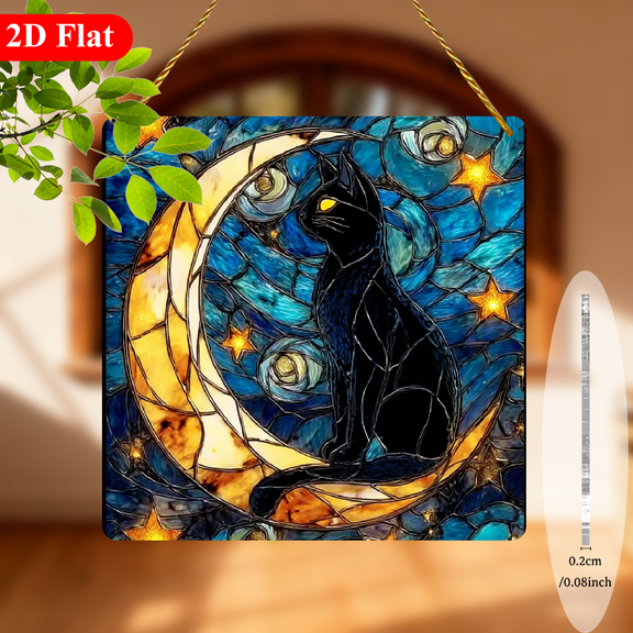 2D Flat, 1pc Black Cat Moon Acrylic Suncatcher - Crescent Moon, Stars Cat Design, 8x8 Inches, Perfect for Window, Room, Garden, Porch, Party Decor, or Gift for Sister, Friend, Mom, Lady