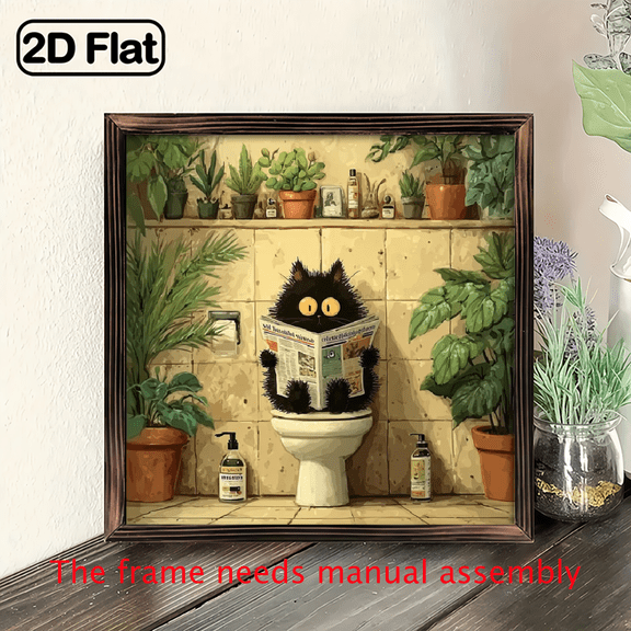 2D Flat, 1pc Black Cat Reading Newspaper Toilet Decorative Picture Frame -20x20 cm Vintage Farmhouse Decor, Wooden Frame Wall Art - Suitable for Home, Kitchen, Living Room, Desk, Bathroom, Cafe