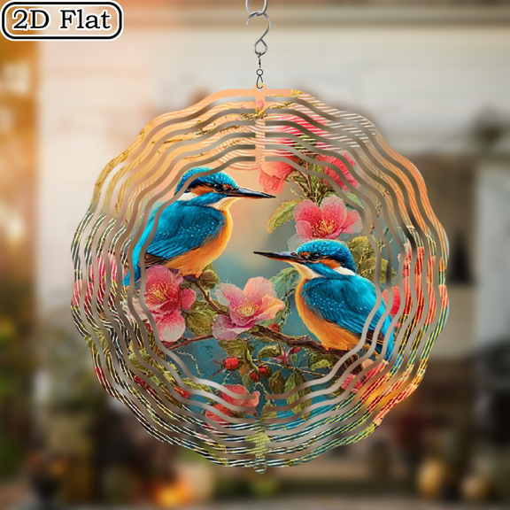 2D Flat, 1pc Blue Bird Cherry Blossom Wind Spinner - Metal Wind Chime with Vibrant Floral Design, No Batteries Needed, Perfect for IndoorOutdoor Garden, Porch, Terrace Decor - Artistic Hanging Scu