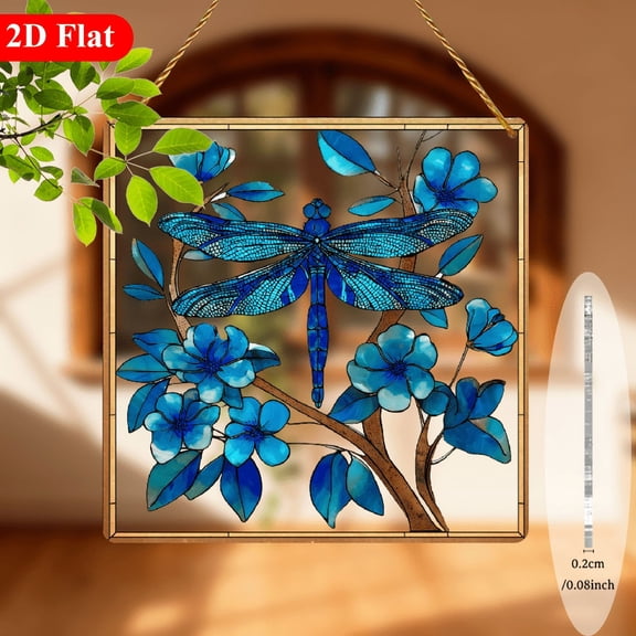 2D Flat, 1pc Blue Dragonfly Flower Suncatcher - 8x8inStained -Style Decor, Nature-Inspired Art for Home Garden, Ideal BirthdayAnniversaryNew Home Gift, Outdoor Decor