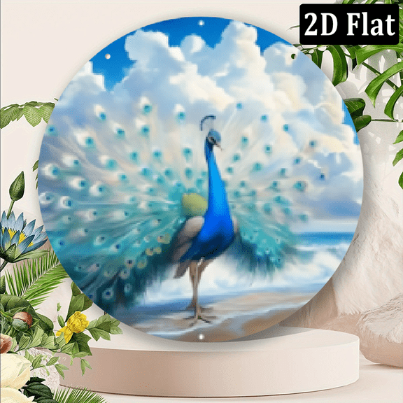 2D Flat, 1pc Blue Feather Peacock Wall Art Decor - Retro Aluminum Metal Mural 8x8 Inch, Vintage Home Cafe Office Farmhouse Decor, Easy to Hang No Electricity Needed, Unique Gift Idea, 8*8in