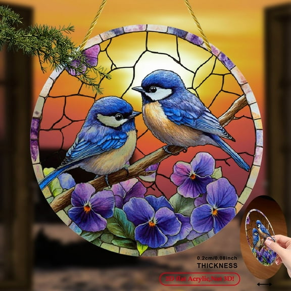 2D Flat, 1pc Blue Tit Bird Suncatcher - Acrylic Stained Window Hanging Decor, Vibrant Garden Ornament with Floral Accents, Ideal for Home, Bedroom, Balcony - Perfect Gift for Bird Lovers,  8*8inch