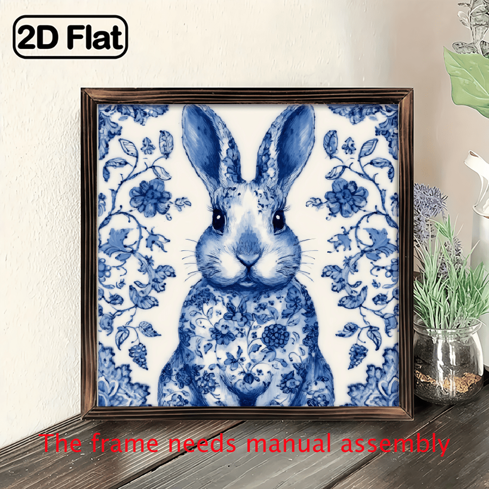 2D Flat, 1pc Blue White Porcelain Rabbit Framed Wall Art - Wood Panel ...