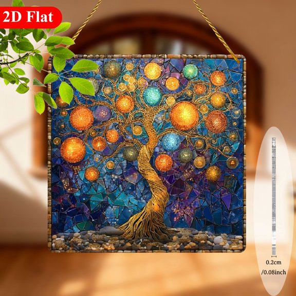 2D Flat, 1pc Bohemian Abstract Cosmic Tree Mosaic Acrylic Sun Catcher Window Hanging - 8x8 Inch Square Wall Ceiling Decor with Tree of Life Design in Cosmic Colors (Stars, Galaxies) - for, Garden