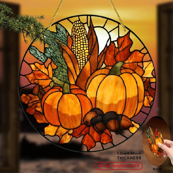 2D Flat, 1pc Bohemian Autumn Harvest Suncatcher - Circular Fall Wall Decor with Pumpkins, Corn, Leaves in Orange, Brown, Yellow - Acrylic Window Hanging for Thanksgiving, Halloween, Weddings