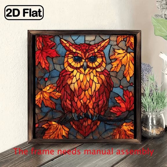 2D Flat, 1pc Bohemian Autumn Owl Sun Catcher - 8x8 Inch Window Hanging Decor with Stained-Style Owl Fall Foliage Design, Rustic Thanksgiving Christmas Decoration for Home, Office, Living