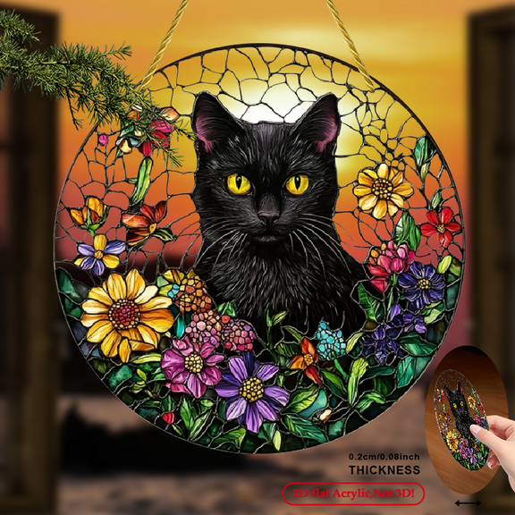 2D Flat, 1pc Bohemian Black Cat Suncatcher Vibrant Floral Acrylic Wall Art, Stained Glass-Style Window Hanging with Easy Mount, Spring Home Decor Unique Gift for Cat Lovers, Cat Decor.8x8inch