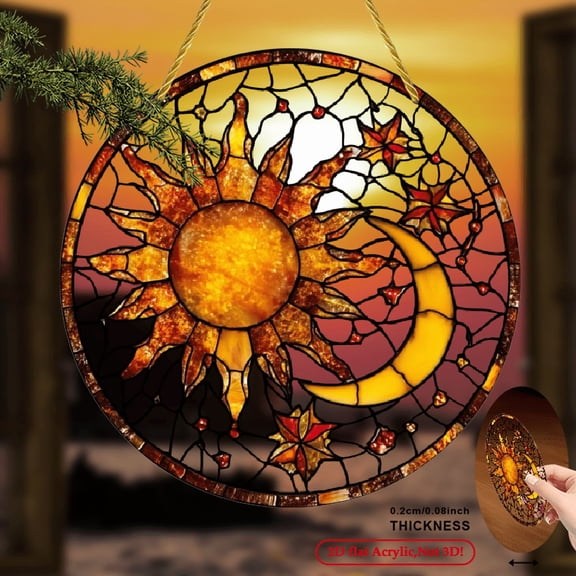 2D Flat, 1pc Bohemian Celestial Suncatcher Window Hanging - Large 8x8 Inch Round Acrylic Stained Glass-like Decor with Sun, Moon, Stars - Weatherproof IndoorOutdoor Decoration for Living Room