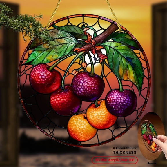 2D Flat, 1pc Bohemian Cherry Suncatcher - 8-Inch Round Acrylic Window Hanging Decor with 3D Stained Glass Effect, Vibrant Red Cherries Green Leaves Design, Colorful Light Filtering Art for Home
