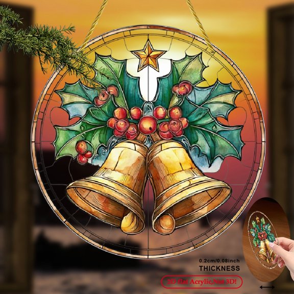 2D Flat, 1pc Bohemian Christmas Bell Holly Berry Suncatcher - 8x8 Inch Large Circular 2D Flat Acrylic Hanging Ornament with Golden Bells, Red Berries Green Holly - Weather-Resistant