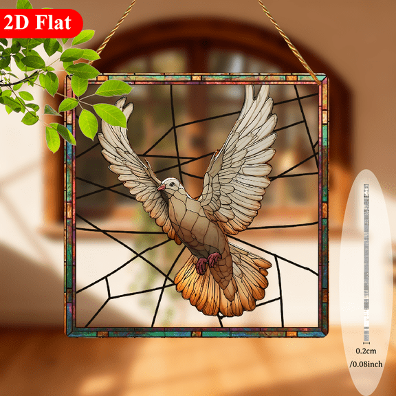 2D Flat, 1pc Bohemian Dove Floral Acrylic Sun Catcher Window Hanging Decor - 8x8 Inch Square Stained -Effect White Dove with Black Frame, Translucent Panels for - Outdoor Christmas, Easter, Wedding