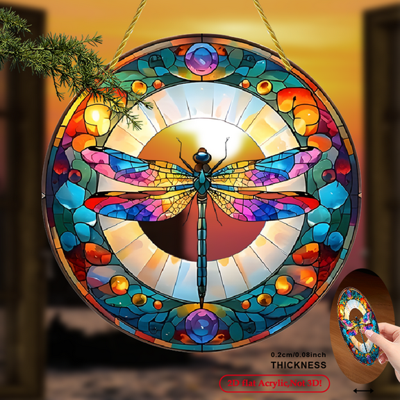 2D Flat, 1pc Bohemian Dragonfly Sun Catcher - 8x8 Inch Acrylic Wall Art with Vibrant Stained Colors, No Electricity Needed IndoorOutdoor Hanging Decor for Living Room, Porch, Patio