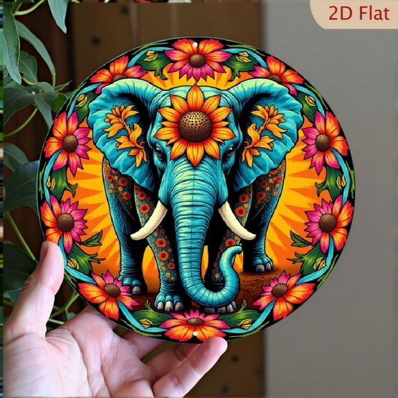 2D Flat, 1pc Bohemian Elephant Mandala Wall Decor - Blue Elephant Floral Mandala Art in, Weatherproof Aluminum Metal Sign for Indoor_Outdoor - Home, Decoration - Easy Hang Installatio  8*8inch