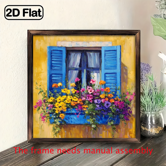 2D Flat 1pc Bohemian Farmhouse Window Painting - Vintage French Country Decor with Blue Shutters Floral Window Boxes - Rustic Wooden Framed Wall Art Sign - 8x8 Inch, Perfect For Home, Cafe, Bar, H