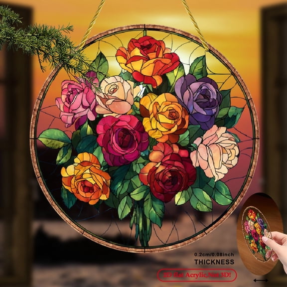 2D Flat, 1pc Bohemian Floral Sun Catcher - 8x8 Inch Round Acrylic Wall Art with Vibrant Rose Bouquet Design, Romantic Home Decor for Living Room, Bedroom, or Floral-Themed Spaces
