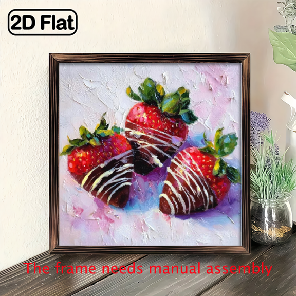 2D Flat, 1pc Bohemian Framed Wall Panel - Chocolate Strawberry Square wooden Panel Painting Suitable for Living Room, Bedroom, Corridor Decor. 8x8 inch