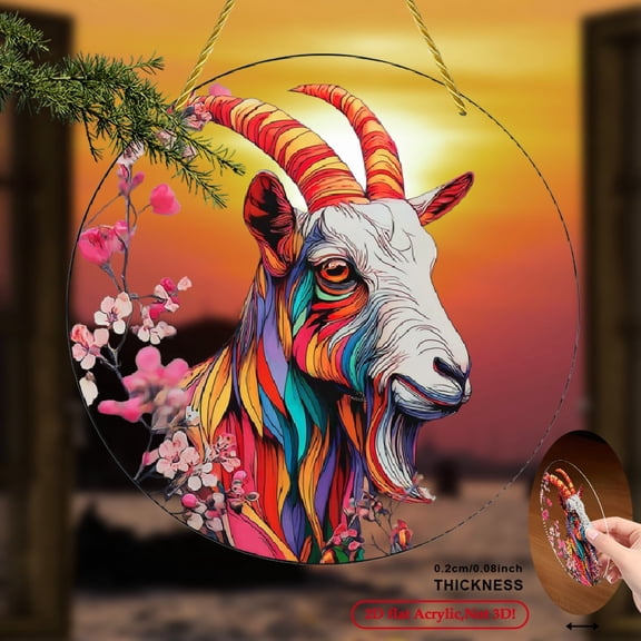 2D Flat, 1pc Bohemian Goat Sun Catcher - Large 8x8 Inch Round Spanish-Style Hanging Decor with Multicolor Goat Face - Acrylic Window Decoration for Farmhouse, Animal Lover Gift