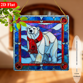 2D Flat, 1pc Bohemian Polar Bear Wearing Scarf Acrylic Sun Catcher Window Hanging - 8x8 Inch Square WallWindow Decoration with Adorable Polar Bear Scarf Design, Panel for - Christmas, Halloween