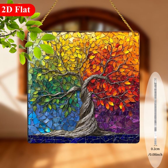 2D Flat, 1pc Bohemian Rainbow Mosaic Tree Acrylic Sun Catcher Window Hanging - 8x8 Inch Square Stained -Effect WallWindow Decoration with Multicolor Rainbow Hues (PinkGreenBlueYellowOrangePurple
