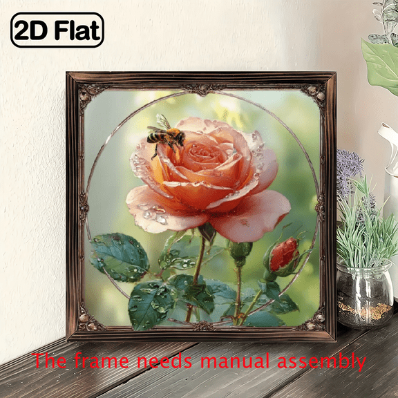 2D Flat, 1pc Bohemian Rose Bee Acrylic Sun Catcher Window Hanging Decor - 8x8 Inch Ornate Frame with Pink Rose, Bees Green Foliage - Square Panel for, Garden, Porch, Christmas, Wedding Gift