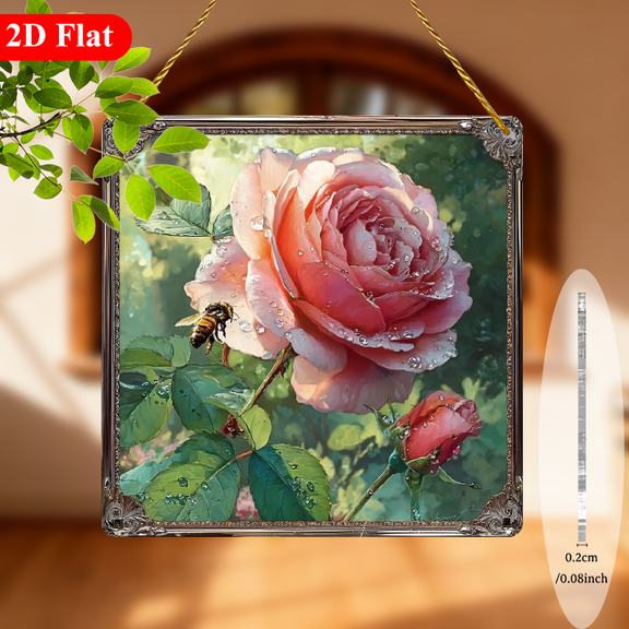 2D Flat, 1pc Bohemian Rose Bee Acrylic Sun Catcher Window Hanging Decor - 8x8 Inch Ornate Frame with Pink Rose, Bees Green Foliage - Square Panel for, Garden, Porch, Christmas, Halloween, Wedding