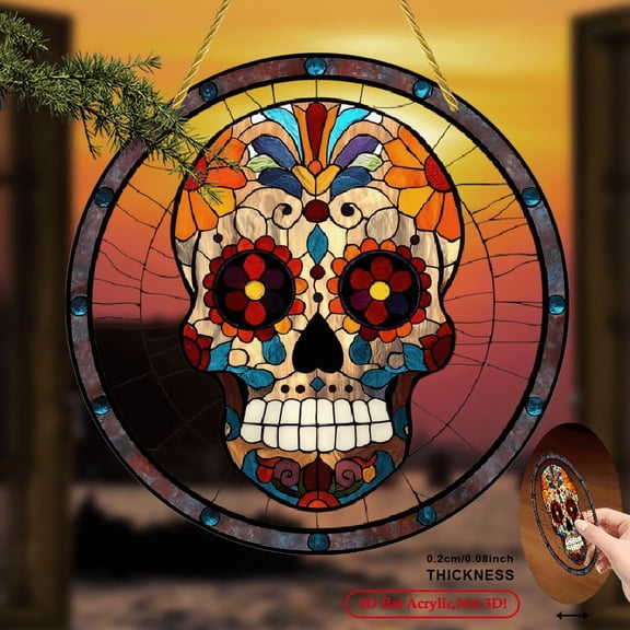 2D Flat 1pc Bohemian Skull Suncatcher - Acrylic Round Wall Decor with Vibrant Stained Glass-Style Design, Perfect for Window Sill, Porch, Patio, Garden, Office, Bar, Cafe, Farmhouse Room Decoration