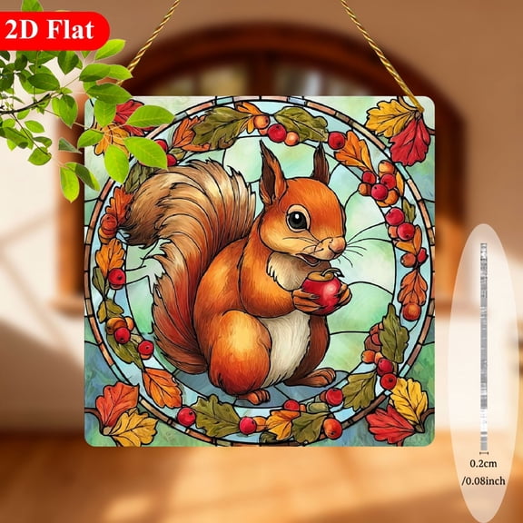 2D Flat, 1pc Bohemian Squirrel Holding Apple with Autumn Leaves Acrylic Sun Catcher Window Hanging - 8x8 Inch Square WallWindow Decoration for Christmas, Thanksgiving, Easter, for Garden, Porch