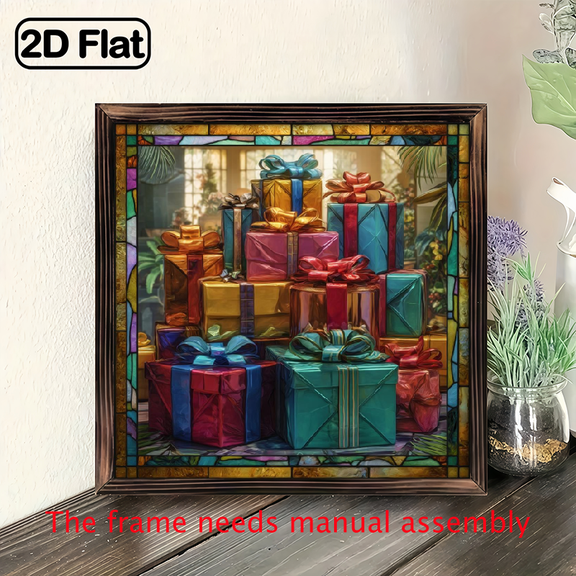 2D Flat, 1pc Bohemian Stained Acrylic Sun Catcher Window Hanging Decoration - 8x8 Inch Square Translucent Wall Sign with Gift Box Bow, for Christmas, Wedding, Party Decor - Outdoor Hanging Plaque