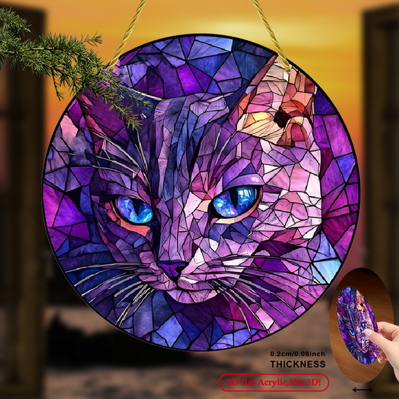 2D Flat, 1pc Bohemian Stained Cat Suncatcher - 8x8 Inch Round Acrylic Window Hanging with Vibrant Mosaic Art, Wall Decor for Home, Porch, Christmas Gift Winter Decoration, Cat Decor
