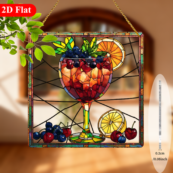 2D Flat, 1pc Bohemian Stained -Style Acrylic Sun Catcher Window Hanging Decor - 8x8 Inch Square Fruit Still Life Wall Art with Grape Lemon Design, Vibrant Print for Home, Porch, Office, Garden