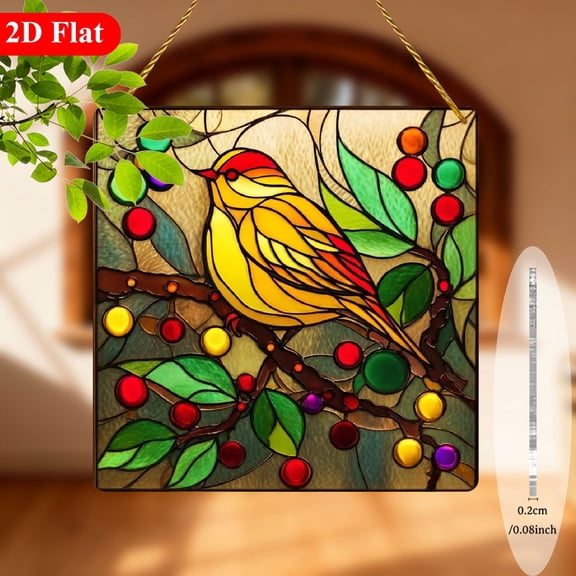 2D Flat, 1pc Bohemian Stained-Style Acrylic Sun Catcher Window Hanging Decor - 8x8 Inch Vibrant Yellow Bird Red Berries with Green Foliage Wall Art, Square Wall-Mounted Decoration for Home, Porch