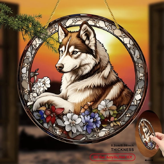2D Flat, 1pc Bohemian-Style 2D Acrylic Husky Dog Wall Hanging Decor - 8 inch Floral Stained Art for Living Room, Office, Holiday Gift.8inch