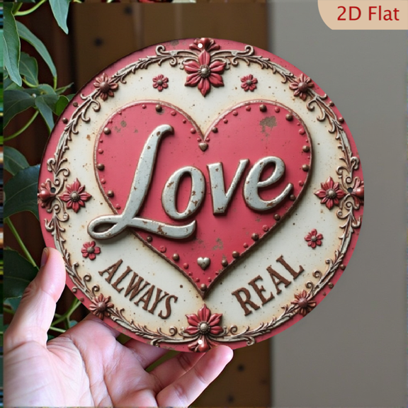 2D Flat, 1pc Bohemian Style Metal Wall Decor, 8x8-Inch Circular Love-Themed Plaque with Floral Patterns, Rustic Farmhouse Aesthetic Signage for Home, Coffee Shop, Holiday Decorations Housewarming