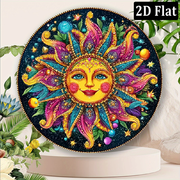 2D Flat, 1pc Bohemian Sun-god Metal Sign, Fantasy and Charming Style, Round BohemianOutdoor Indoor Aluminum Wall Art Hanging Plaque Sign Decro For Home Living Room, Studios, Bar, Cafe, Schoo8*8in