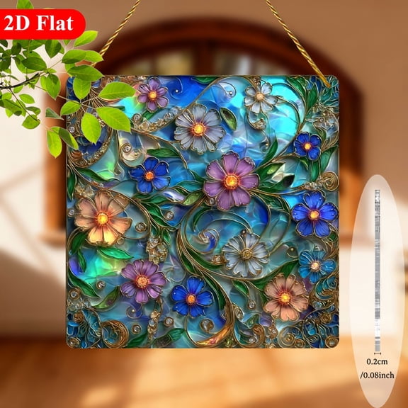 2D Flat, 1pc Bohemian -Toned Abstract Floral Acrylic Sun Catcher Window Hanging Decor - 8x8 Inch Square Translucent Panel for Outdoor Wall, Garden, Porch - ChristmasEaster