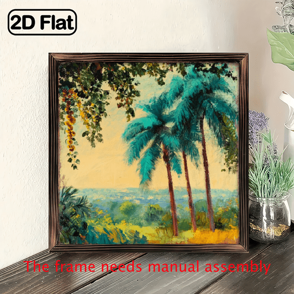 2D Flat, 1pc Bohemian Tropical Palm Tree Wall - 8x8 Inch Panel Suitable for Indoor/Outdoor Decor, Vintage Rustic Frame with Palm Tree Design for Beach, Poolside.