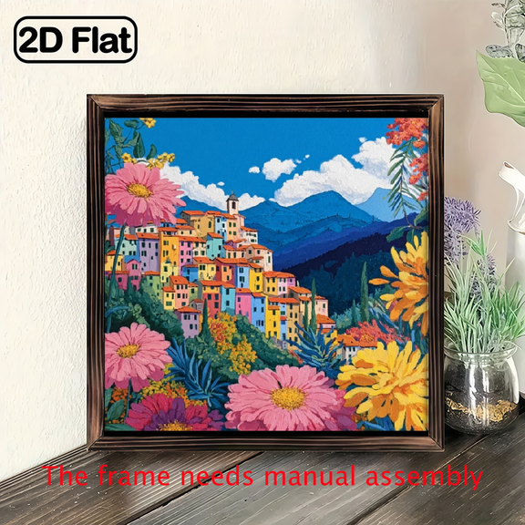 2D Flat, 1pc Boho Abstract Retro Flower Market Art Sign - Vibrant 8x8 Inch Framed Wall Decor with Colorful Buildings Blooming Flowers, Perfect for Home, Kitchen, Garden, Office - Ideal Holiday Gift