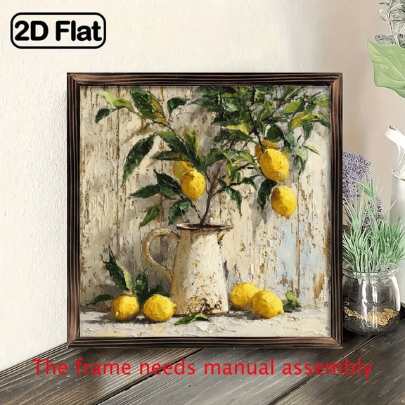 2D Flat 1pc Boho Style Wooden Lemon Still Art Framed Wooden Sign, Vintage-Inspired Wall Hanging Decorative Plaque, Multipurpose Landscape Theme Home Office Decor, 8x8 Inch, with No Electricit