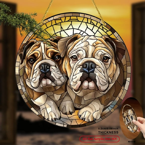 2D Flat, 1pc Bulldog Suncatcher Wall Decor Acrylic Stained Glass-Style Art with Two Adorable Bulldogs, Dog Lover Gift for Women, Best Friend Present, Home & Office Decoration.8inch