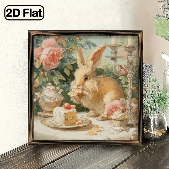 2D Flat 1pc Bunny Afternoon Tea Wall Art 1pc Vintage Bunny Afternoon Tea Wood Framed Wall Art, Farmhouse Style Decor, 8x8 Inch, Indoor Wood Collectible Figurine, with No Electricity Needed, for