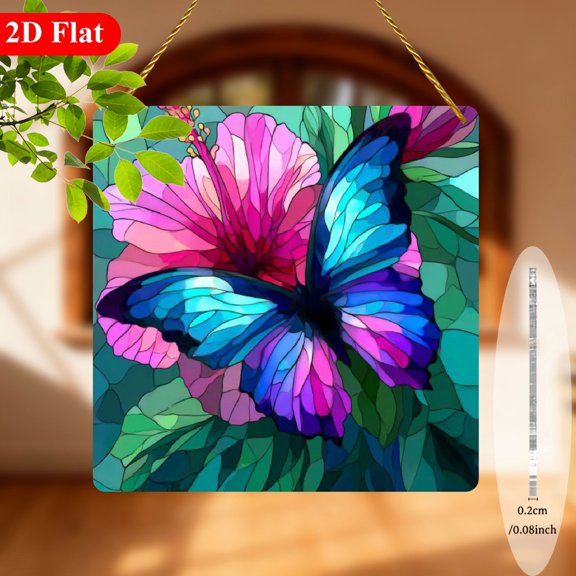 2D Flat, 1pc Butterfly Hibiscus Acrylic Suncatcher, 8x8 Inches Window Decor for Room, Garden, Farmhouse Porch, Party Scene Decoration, Gift for Sister, Friend, Mom, Lady, Gardening Light Collection