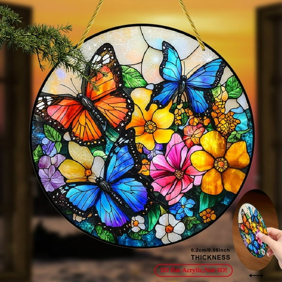 2D Flat, 1pc Butterfly Suncatcher Wall Sculpture - Vibrant Floral & Butterfly Acrylic Round Sign, Art Deco Home Decor for Bedroom, Window, Holiday - No Electricity Needed, Best Friend 8*8inch