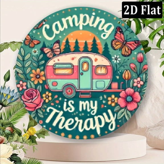 2D Flat, 1pc Camping Is My Relax Aluminum Wall Sign - 8x8 Inches, Vintage Camper Van Design with Colorful Flowers Butterflies, Perfect for Home, Garden, Office, or Garage Decor, Camping Decor