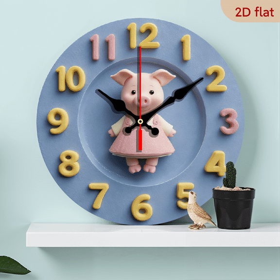 2D Flat, 1pc Cartoon Pig Wooden Round Wall Clock - Farmhouse Style, Easy-to-Read Numbers, No Tick-Tock Sound, Battery Operated (AA Not Included), 10 Inches - Ideal for Kitchen, Bedroom, Office Dec