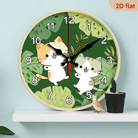 2D Flat 1pc Cartoon Wooden Clock Green Plants and Cats Theme, Perfect for Bedroom, Living Room, Office, School, Christmas Decoration, Can Be Given as a Gift, 10 Inches (Does Not Include AA Battery