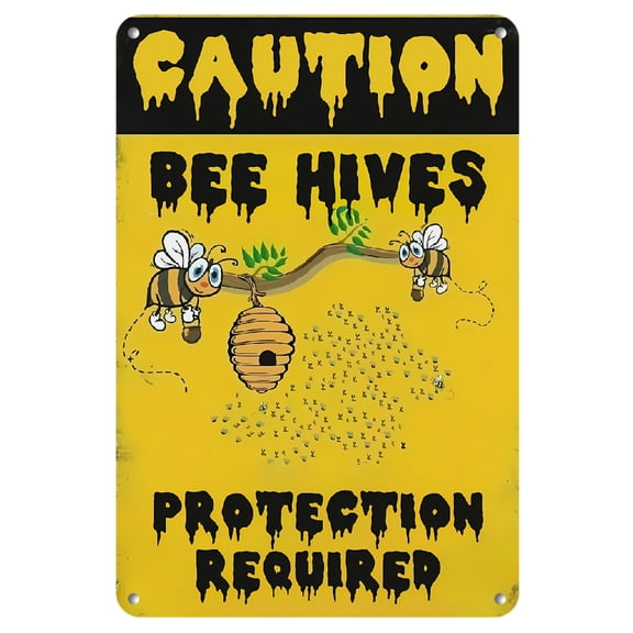 2D Flat, 1pc Caution Beehive Protection Required Iron Sign - 8x12 Inch Rustic Metal Wall Art with Bee & Honeycomb Design, Weather-Resistant Outdoor/Indoor Decor for Home, Cafe, Garage, Restaurant