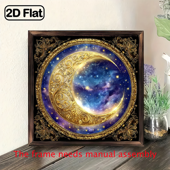 2D Flat, 1pc Celestial Moon Stars Wreath Sign - Golden Crescent Moon with Stars, Durable Metal Wall Decor (8x8 Inches) for Home, Cafe, Apartment, Restaurant, Living Room - Easy to Hang, Moon Decor