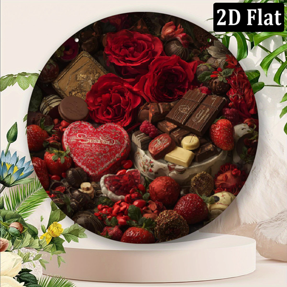 2D Flat, 1pc Charming 8x8 inch Round Valentine's Day Wall Art Plaque- Romantic Roses Sweets Design, Easy-to-Hang Decor for Hom.