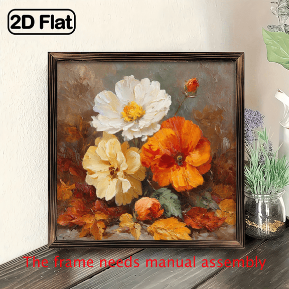 2D Flat, 1pc Charming Autumn Floral Wooden Framed Wall Art - 8x8 Inch Rustic Farmhouse Fall Decor with Orange Flowers, Background - Artificial Wood Square Sign for Living Room.