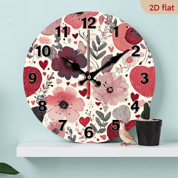 2D Flat, 1pc Charming Boho-Chic Silent Wall Clock with Floral Heart Design - 10-inch Wooden, Non-Ticking Timepiece for Living Room, Bedroom, Office - Ideal Valentine's Day or Birthday Gift for Bes